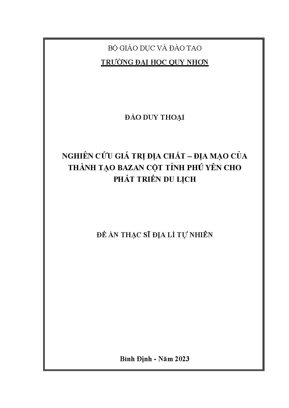 Nghiên cứu giá trị địa chất - địa mạo của thành tạo bazan cột tỉnh Phú Yên cho phát triển du lịch