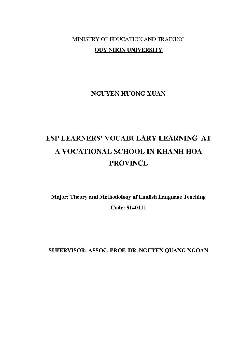 Esp learners' vocabulary learning at a vocational school in Khanh Hoa province = Việc học từ vừng chuyên ngành của học sinh tại một trường nghề tỉnh Khánh Hòa