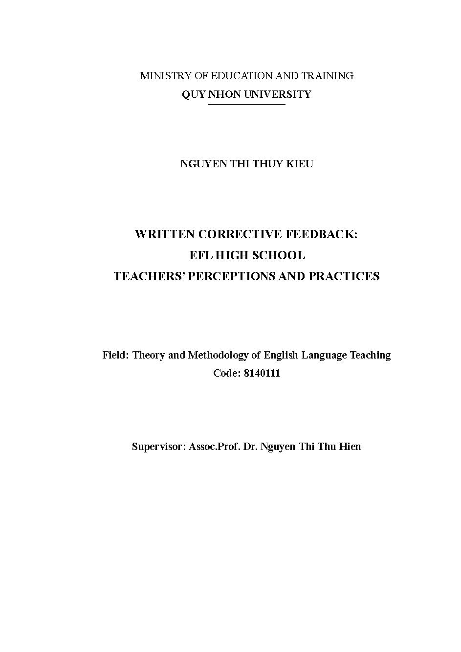 Written corrective feedback: Efl high school teachers' perceptions and practices = Phản hồi sửa lỗi bài viết: Nhận thức thực hành của giáo viên cấp THPT