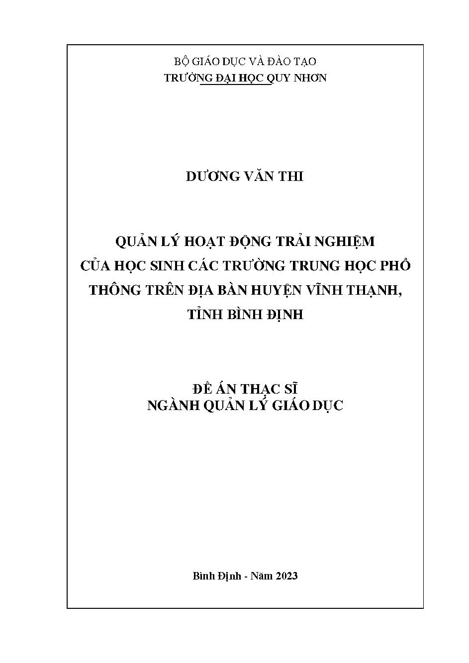 Quản lý hoạt động trải nghiệm của học sinh các trường Trung học phổ thông trên địa bàn huyện Vĩnh Thạnh, tỉnh Bình Định