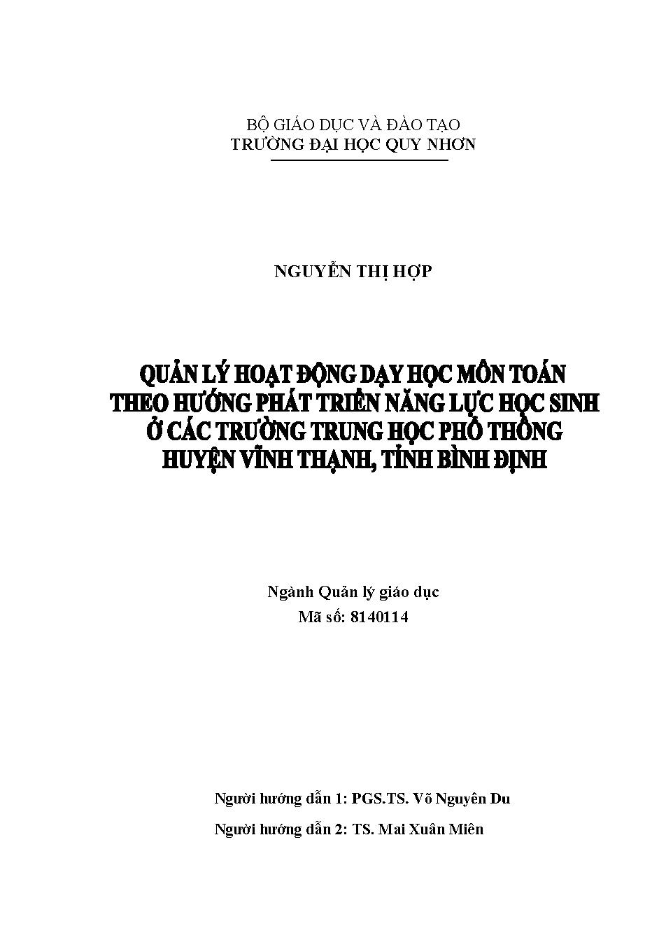 Quản lý hoạt động dạy học môn Toán theo hướng phát triển năng lực học sinh ở các trường Trung học phổ thông huyện Vĩnh Thạnh, tỉnh Bình Định