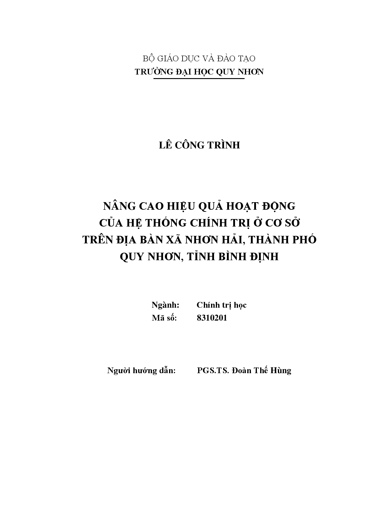 Nâng cao hiệu quả hoạt động của hệ thống chính trị ở cơ sở trên địa bàn xã nhơn hải, thành phố quy nhơn, tỉnh Bình Định