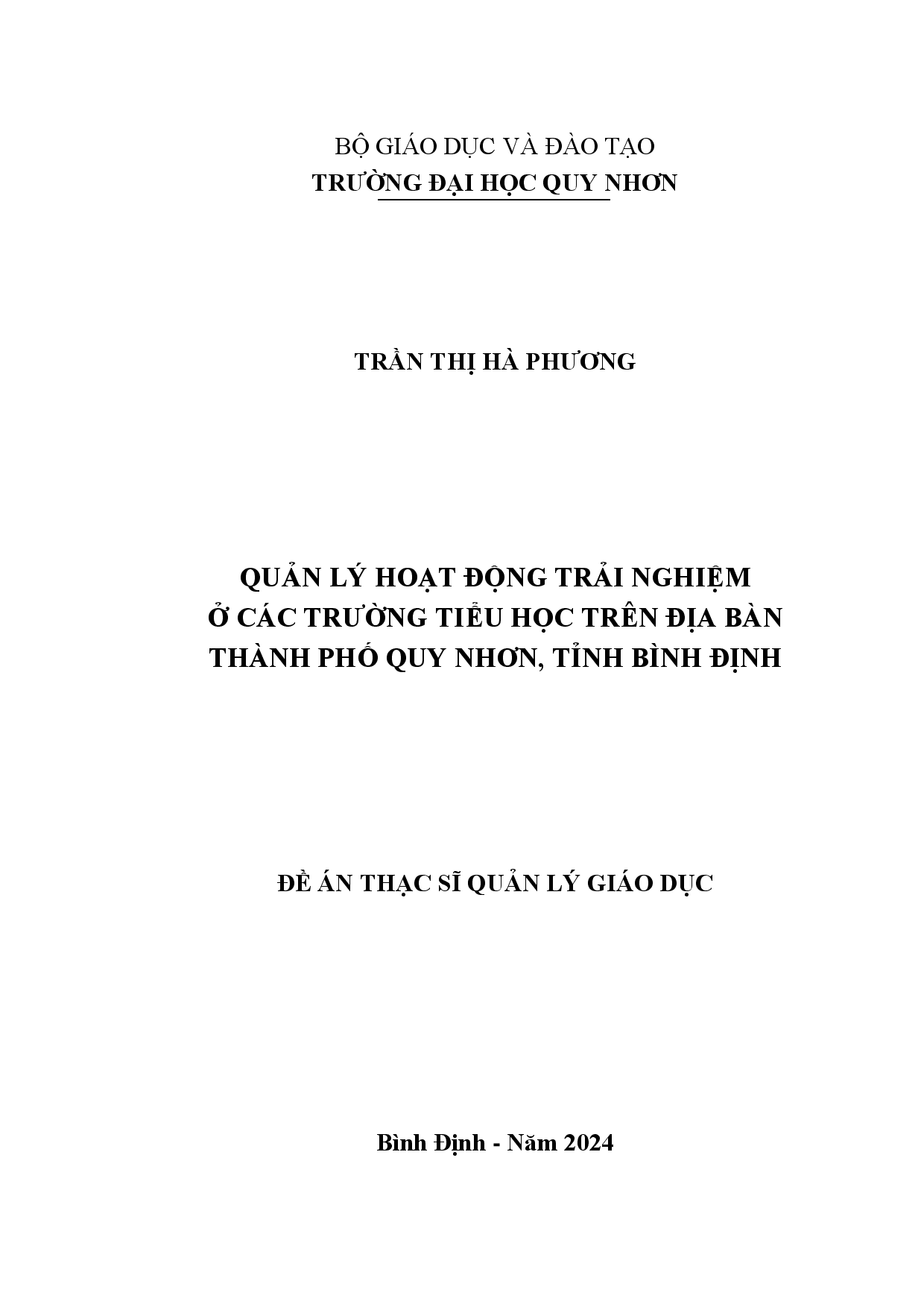 Quản lý hoạt động trải nghiệm ở các trường tiểu học trên địa bàn thành phố Quy Nhơn, tỉnh Bình Định