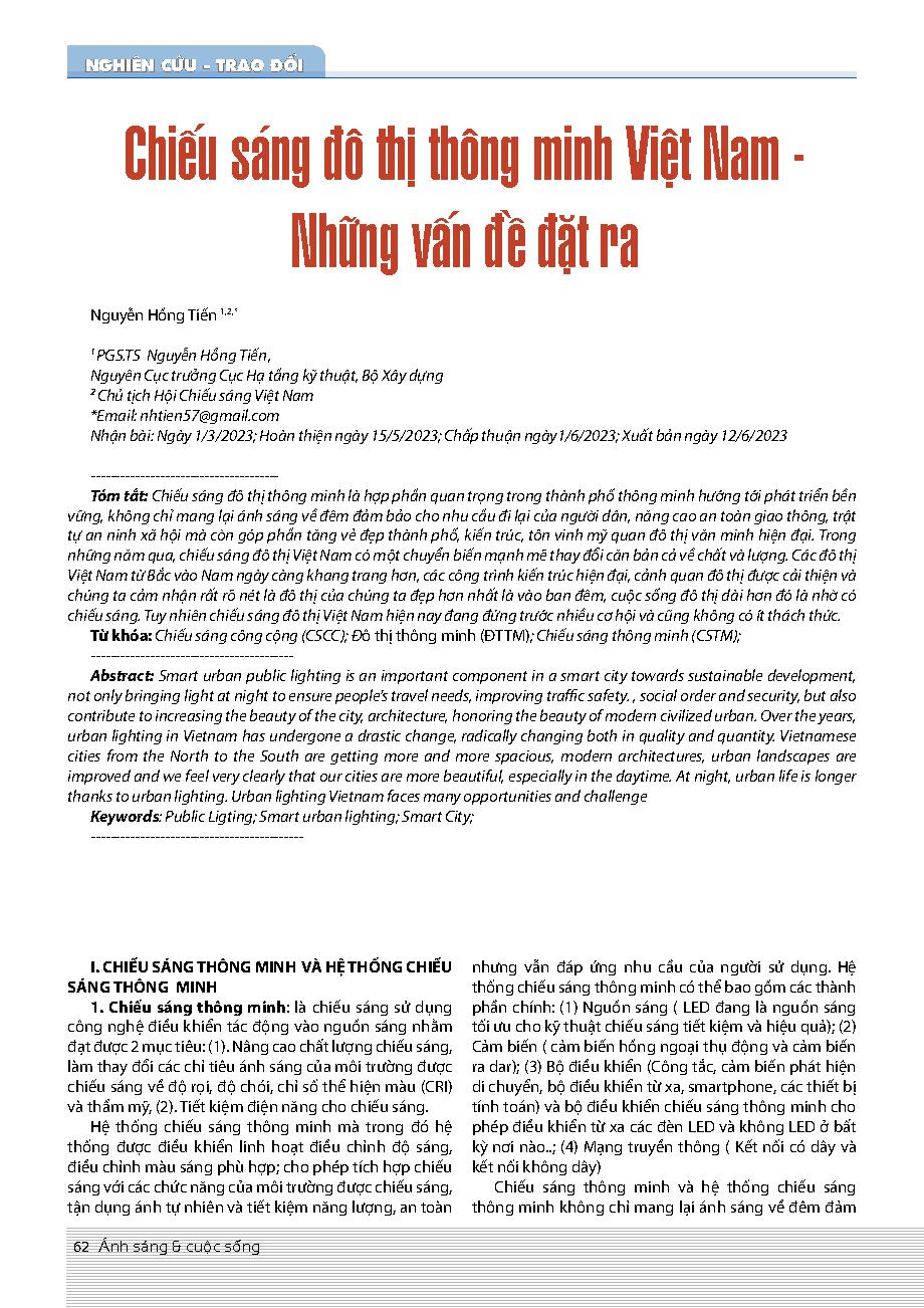 Chiếu sáng đô thị thông minh Việt Nam - Những vấn đề đặt ra = Smart urban lighting in Vietnam - Issues raised