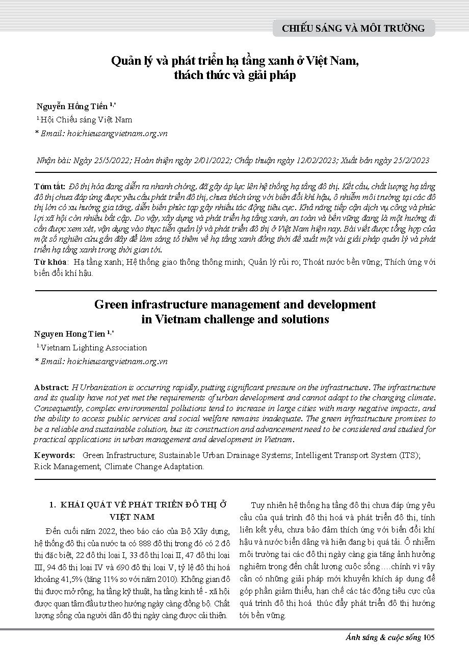 Quản lý và phát triển hạ tầng xanh ở Việt Nam, thách thức và giải pháp = Green infrastructure management and development in Vietnam challenge and solutions