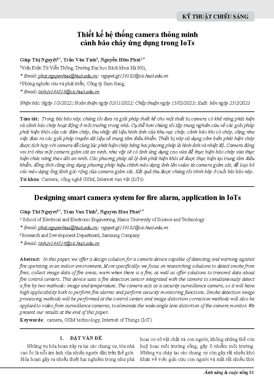 Thiết kế hệ thống camera thông minh cảnh báo cháy ứng dụng trong IoTs = Designing smart camera system for fire alarm, application in IoTs
