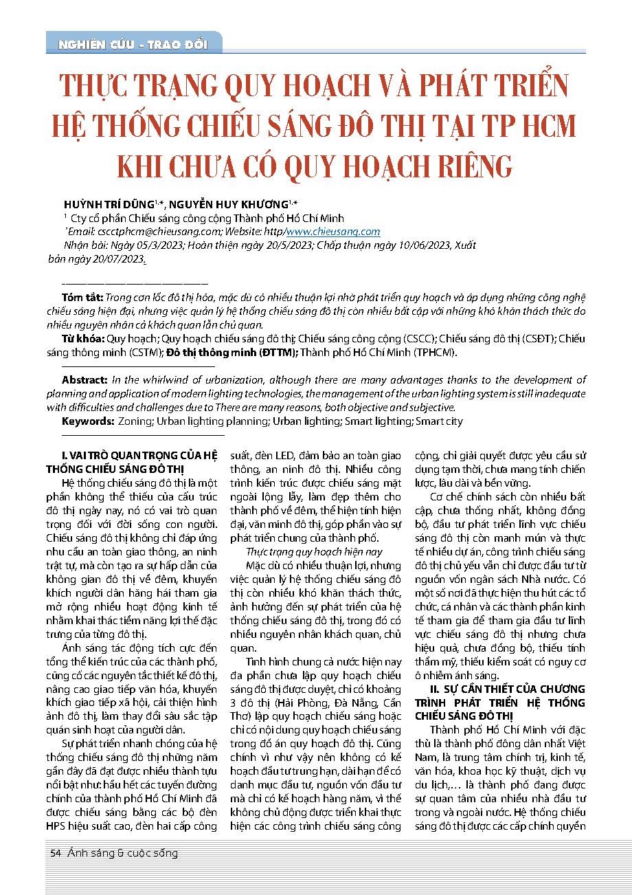 Thực trạng quy hoạch và phát triển hệ thống chiếu sáng đô thị tại TP HCM khi chưa có quy hoạch riêng = Current status of planning and development of urban lighting systems in Ho Chi Minh City without a separate plan