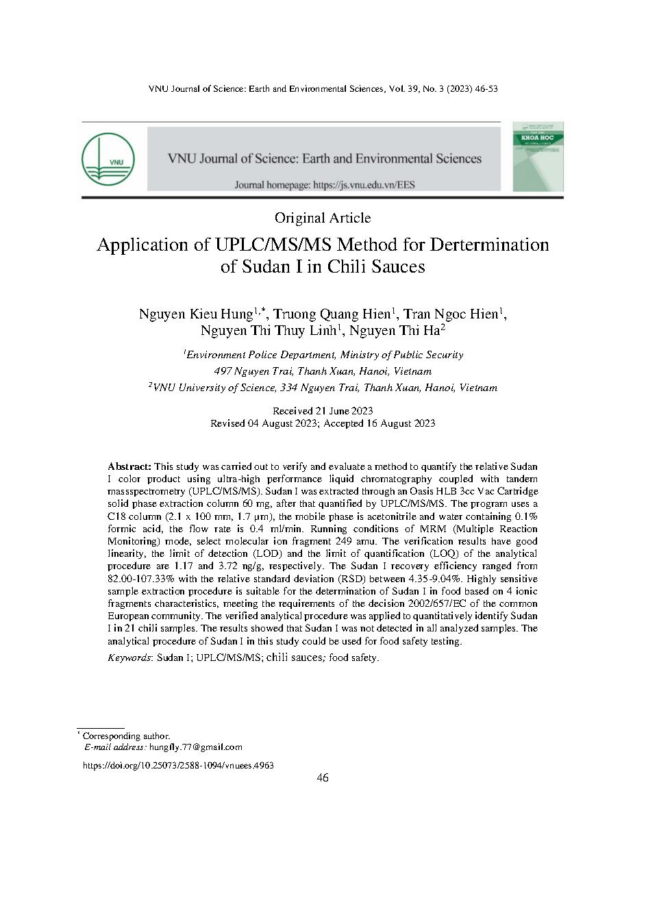 Áp dụng phương pháp phân tích UPLC/MS/MS để xác định hàm lượng Sudan I trong tương ớt = Application of UPLC/MS/MS Method for Dertermination of Sudan I in Chili Sauces