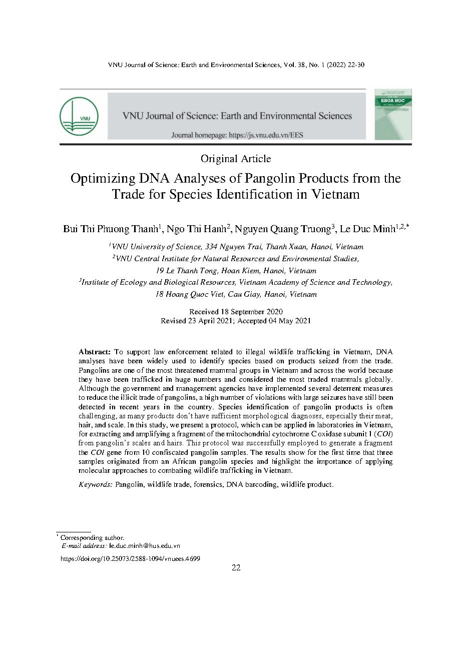 Chuẩn hóa phương pháp phân tích DNA từ vảy và lông tê tê phục vụ giám định tên loài ở Việt Nam = Optimizing DNA Analyses of Pangolin Products from the Trade for Species Identification in Vietnam