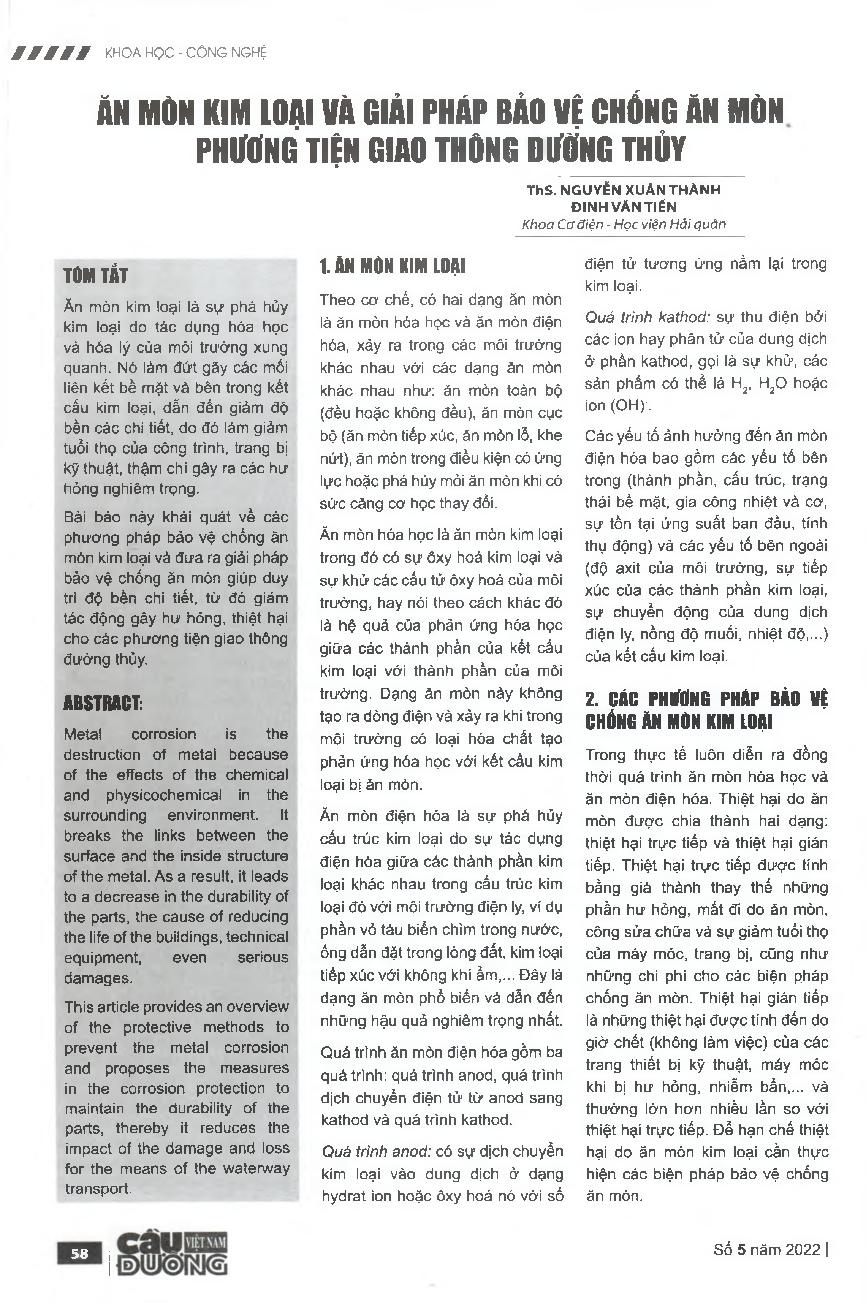 Ăn mòn kim loại và giải pháp bảo vệ chống ăn mòn phương tiện giao thông đường thủy = Corrosion of metals and solutions for protection against corrosion in waterway vehicles