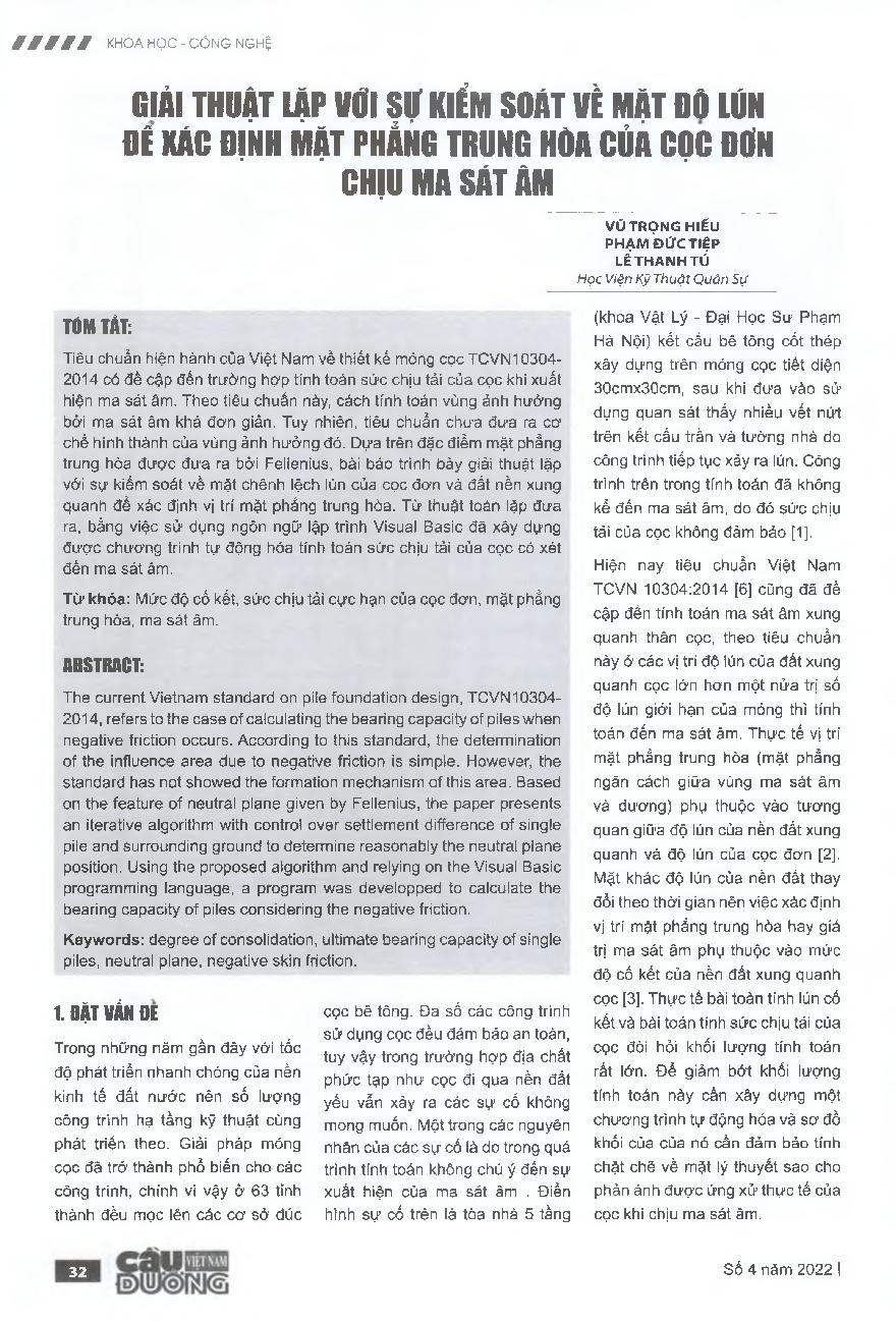 Giải thuật lặp với sự kiểm soát về mật độ lún để xác định mặt phẳng trung hòa của cọc đơn chịu ma sát âm = Iterative algorithm with settlement control to determine the neutral plane of single pile subjected to negative friction