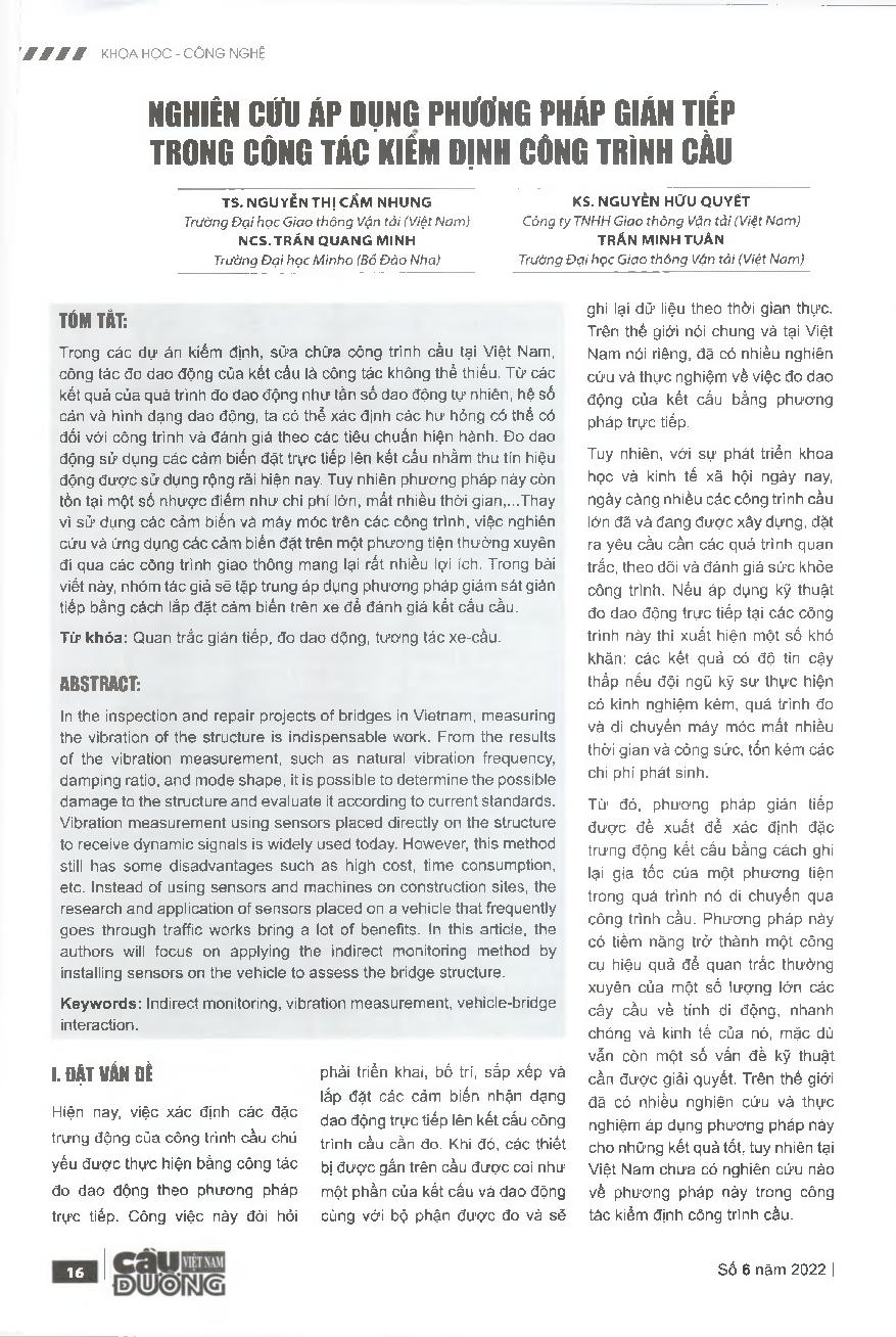Nghiên cứu áp dụng phương pháp gián tiếp trong công tác kiểm định công trình cầu = Research and application of indirect method in bridges inspection
