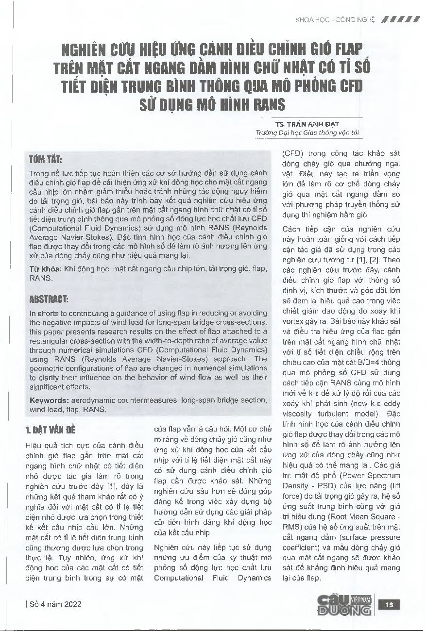 Nghiên cứu hiệu ứng cánh điều chỉnh gió Flap trên mặt cắt ngang dầm hình chữ nhật có tỉ số tiết diện trung bình thông qua mô phỏng cfd sử dụng mô hình RANS = Study on the effect of flap attached to an average ratio rectangular cross-section using cfd simu
