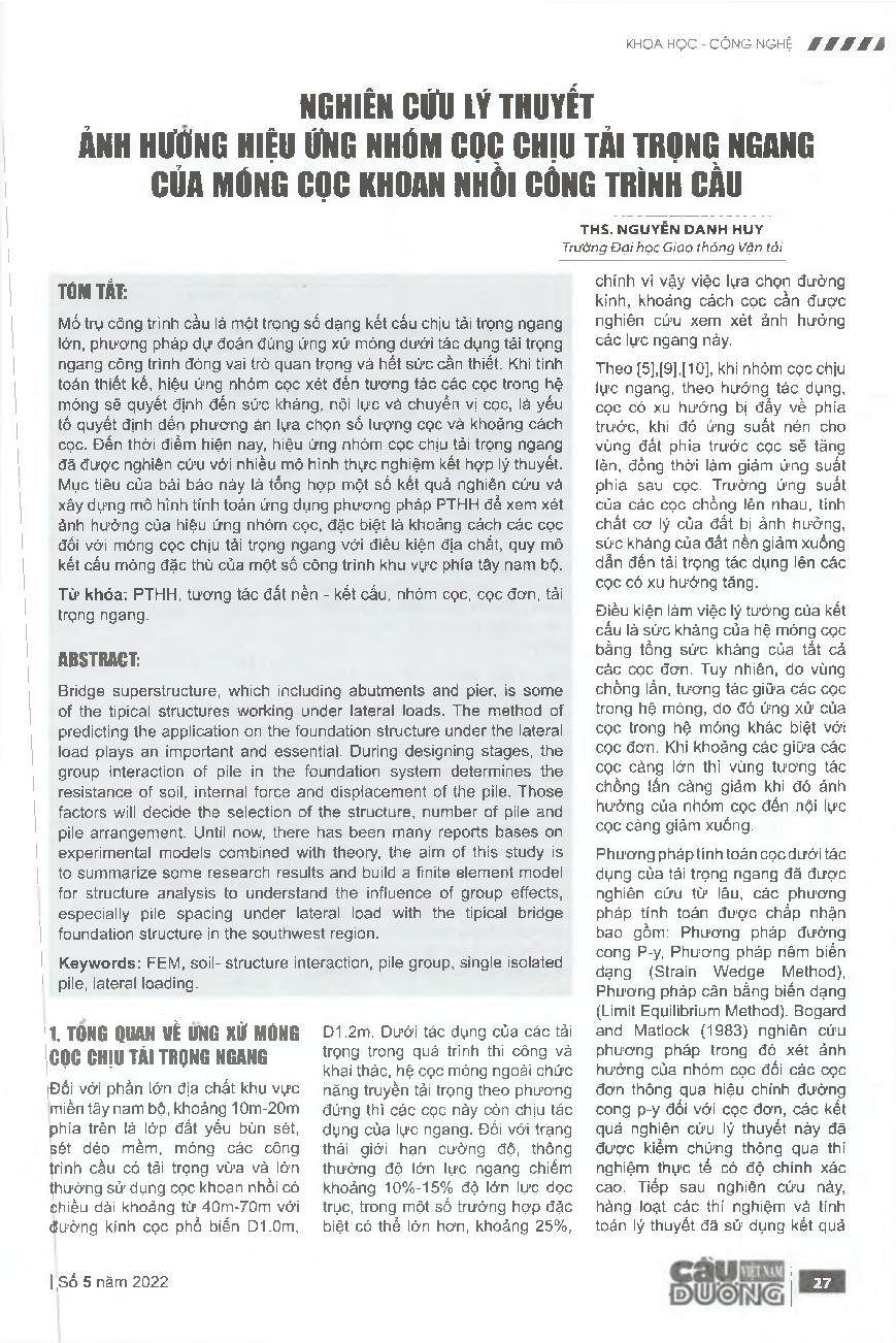 Nghiên cứu lý thuyết ảnh hưởng hiệu ứng nhóm cọc chịu tải trọng ngang của móng cọc khoan nhồi công trình cầu = Theoretical study on the effect of pile group under lateral load for bridge bored pile foundation
