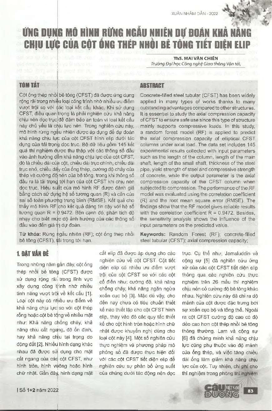 Ứng dụng mô hình rừng ngẫu nhiên dự đoán khả năng chịu lực của cột ống thép nhồi bê tông tiết diện elip = Application of random forest model to predict ultimate load of elliptical concrete-filled steel tubular columns