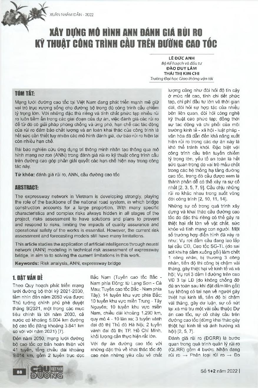 Xây dựng mô hình ANN đánh giá rủi ro kỹ thuật công trình cầu trên đường cao tốc = Risk assessment ann model for bridge of expressway projects