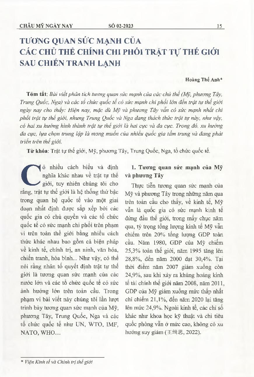 Tương quan sức mạnh của các chủ thế chính chi phối trật tự thế giới sau chiến tranh lạnh