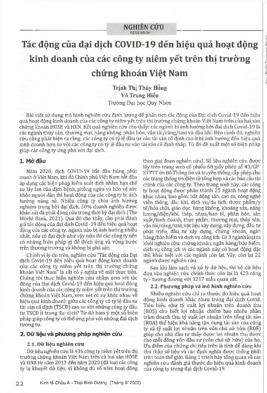Tác động của đại dịch COVID-19 đến hiệu quả hoạt động kinh doanh của các công ty niêm yết trên thị trường chứng khoán Việt Nam