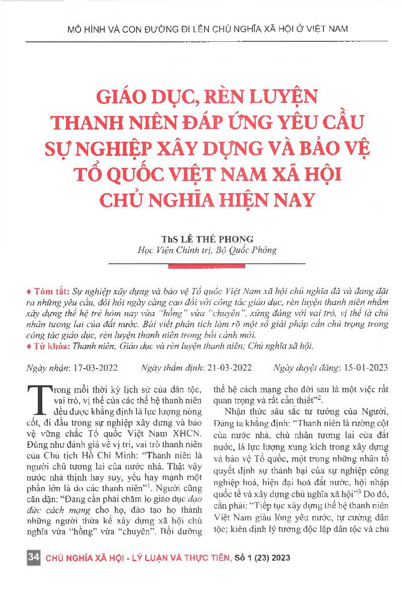 Giáo dục, rèn luyện thanh niên đáp ứng yêu cầu sự nghiệp xây dựng và bảo vệ Tổ quốc Việt Nam xã hội chủ nghĩa hiện nay