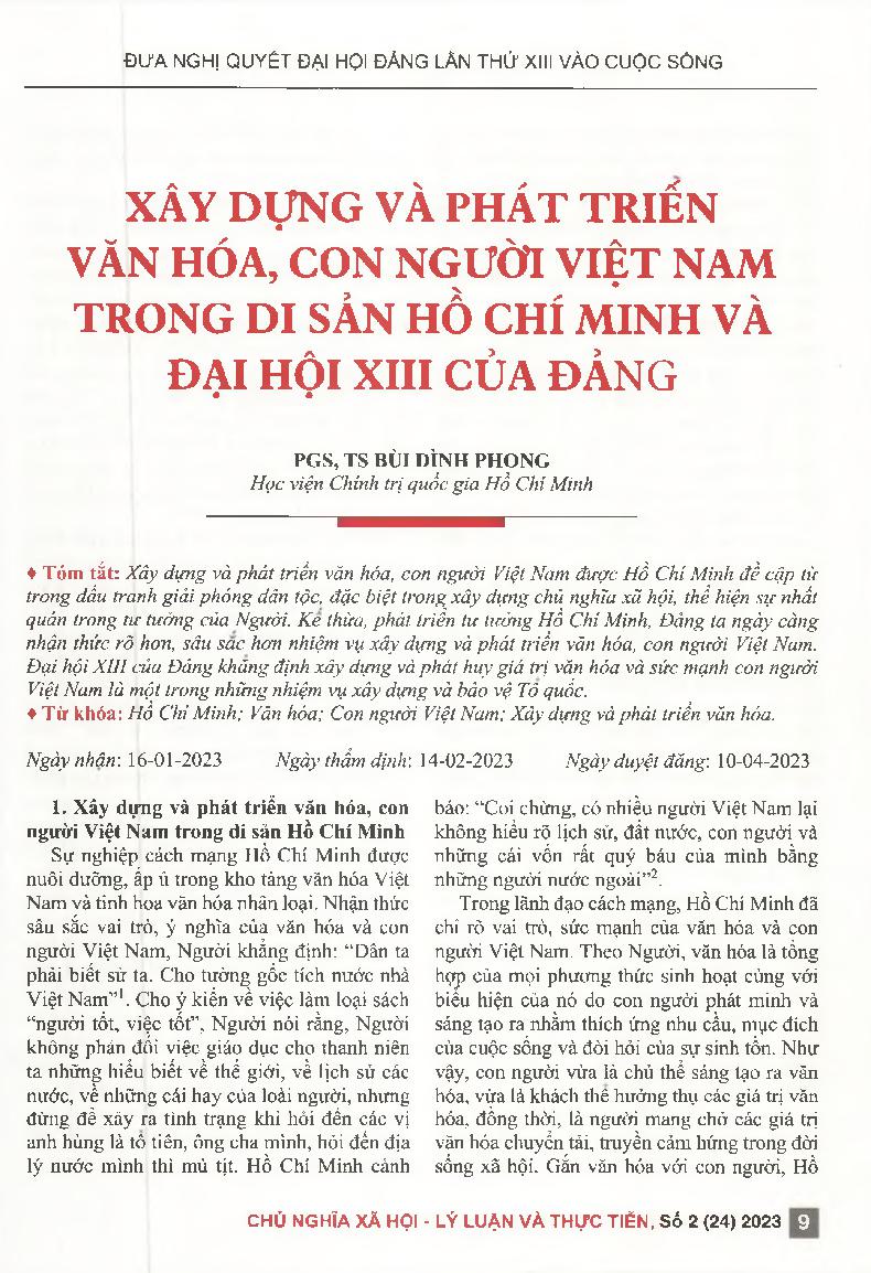 Xây dựng và phát triển văn hóa, con người Việt Nam trong di sản Hồ Chí Minh và Đại hội XIII của Đảng = Construction and development of Vietnamese culture and people in Ho Chi Minh's spiritual and the 13TH Party Congress