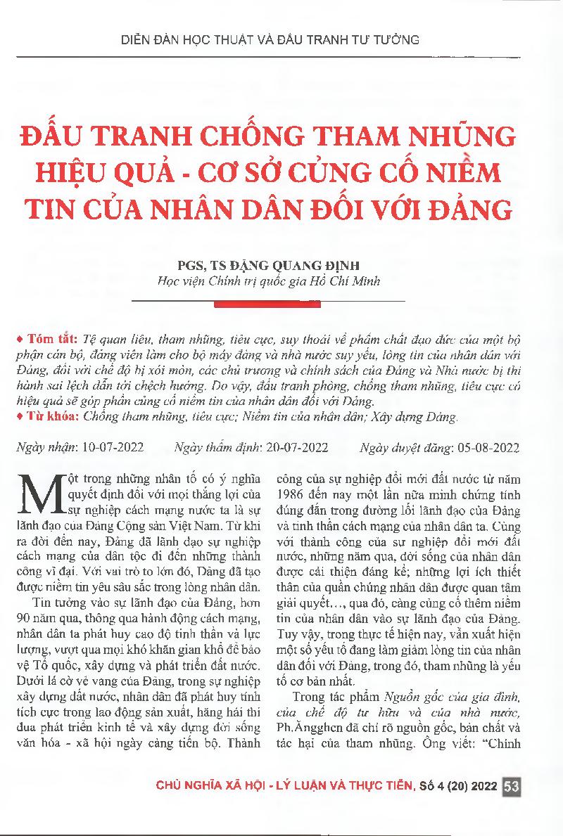 Đấu tranh chống tham nhũng hiệu quả - cơ sở củng cố niềm tin của nhân dân đối với Đảng = Efficient anti-corruption - the foundation for consolidating the people's confidence in the party