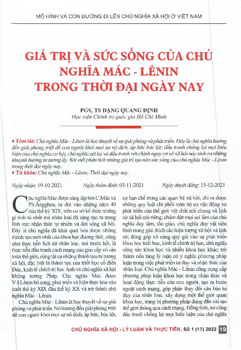 Giá trị và sức sống của chủ nghĩa Mác - Lênin trong thời đại ngày nay = The values and vitality of Marxism - Leninism in the current era