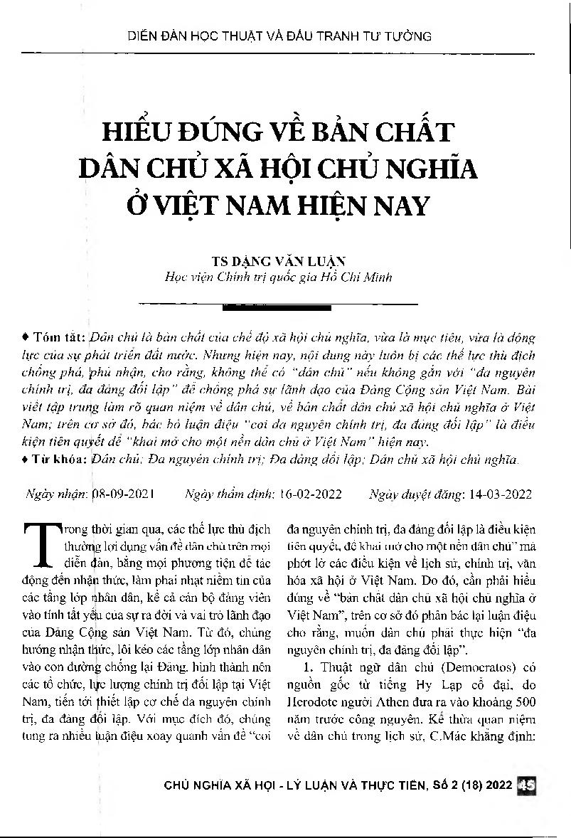 Hiểu đúng về bản chất dân chủ xã hội chủ nghĩa ở Việt Nam hiện nay = An accurate perception of the essence ofsocialist democracy in Vietnam today