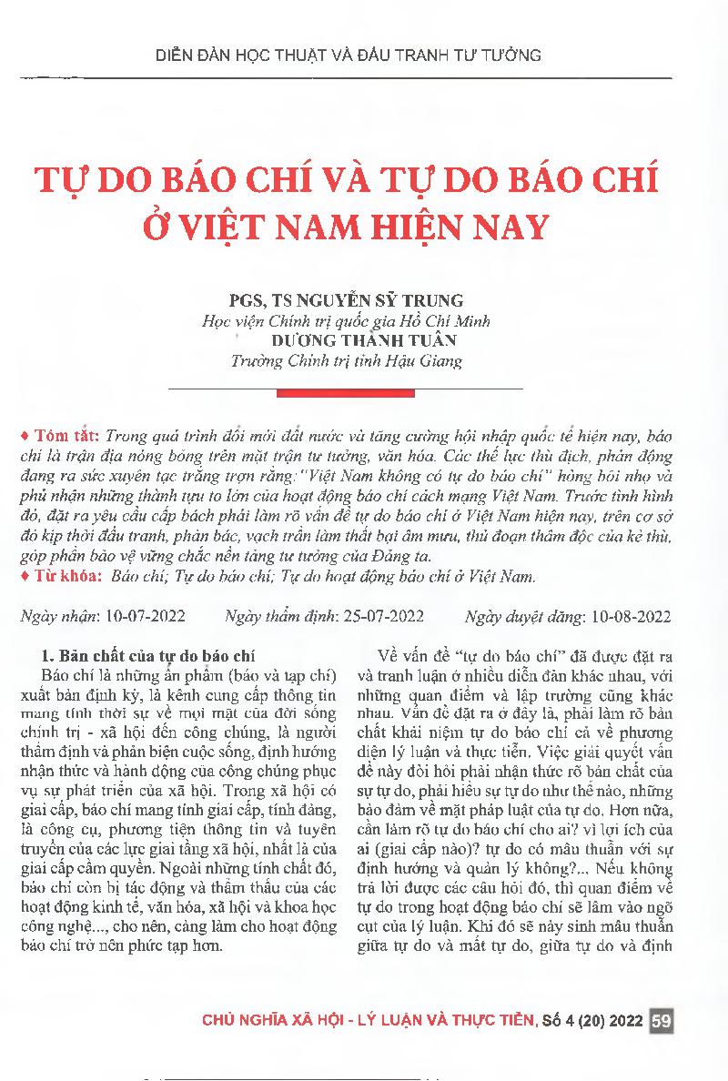 Tự do báo chí và tự do báo chí ở Việt Nam hiện nay = Press freedom and press freedom in Vietnam at the present