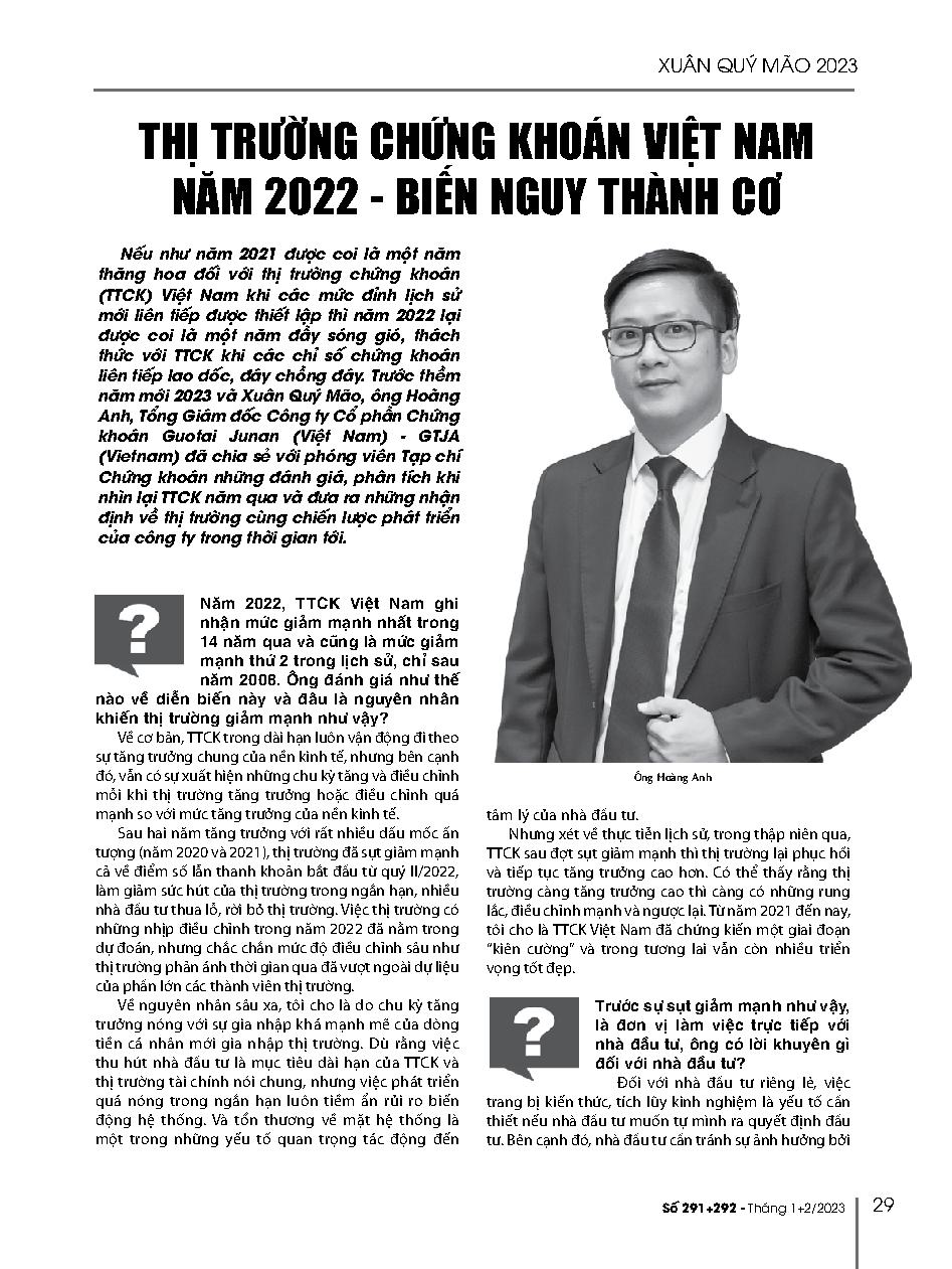 Thị trường chứng khoán Việt Nam năm 2022 - biến nguy thành cơ = Stock market of Vietnam 2022 – risk turning to chance