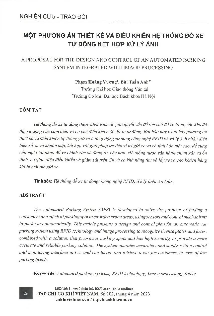 Một phương án thiết kế và điều khiển hệ thống đồ xe tự động kết hợp xử lý ảnh = A proposal for the design and control of an automated parking system integrated with image processing