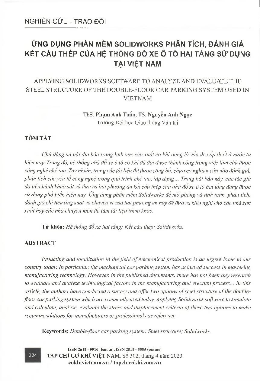 Ứng dụng phần mềm Solidworks phân tích, đánh giá kết cấu thép của hệ thống đồ xe ô tô hai tầng sử dụng tại Việt Nam = Applying solidworks software to analyze and evaluate the steel structure of the double-floor car parking system used in vietnam