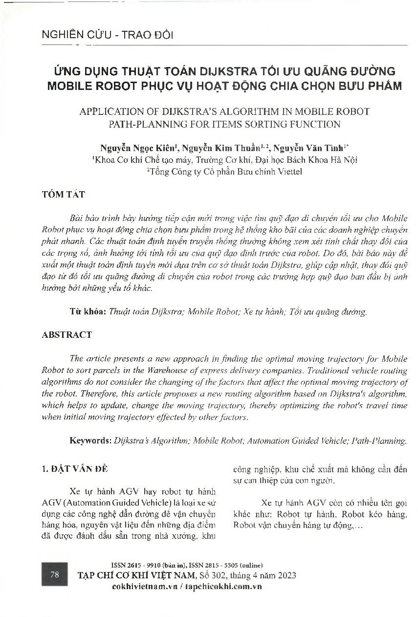 Ứng dụng thuật toán Dijkstra tối ưu quãng đường mobile robot phục vụ hoạt động chia chọn bưu phẩm = Application of dijkstra's algorithm in mobile robot path-planning for items sorting function