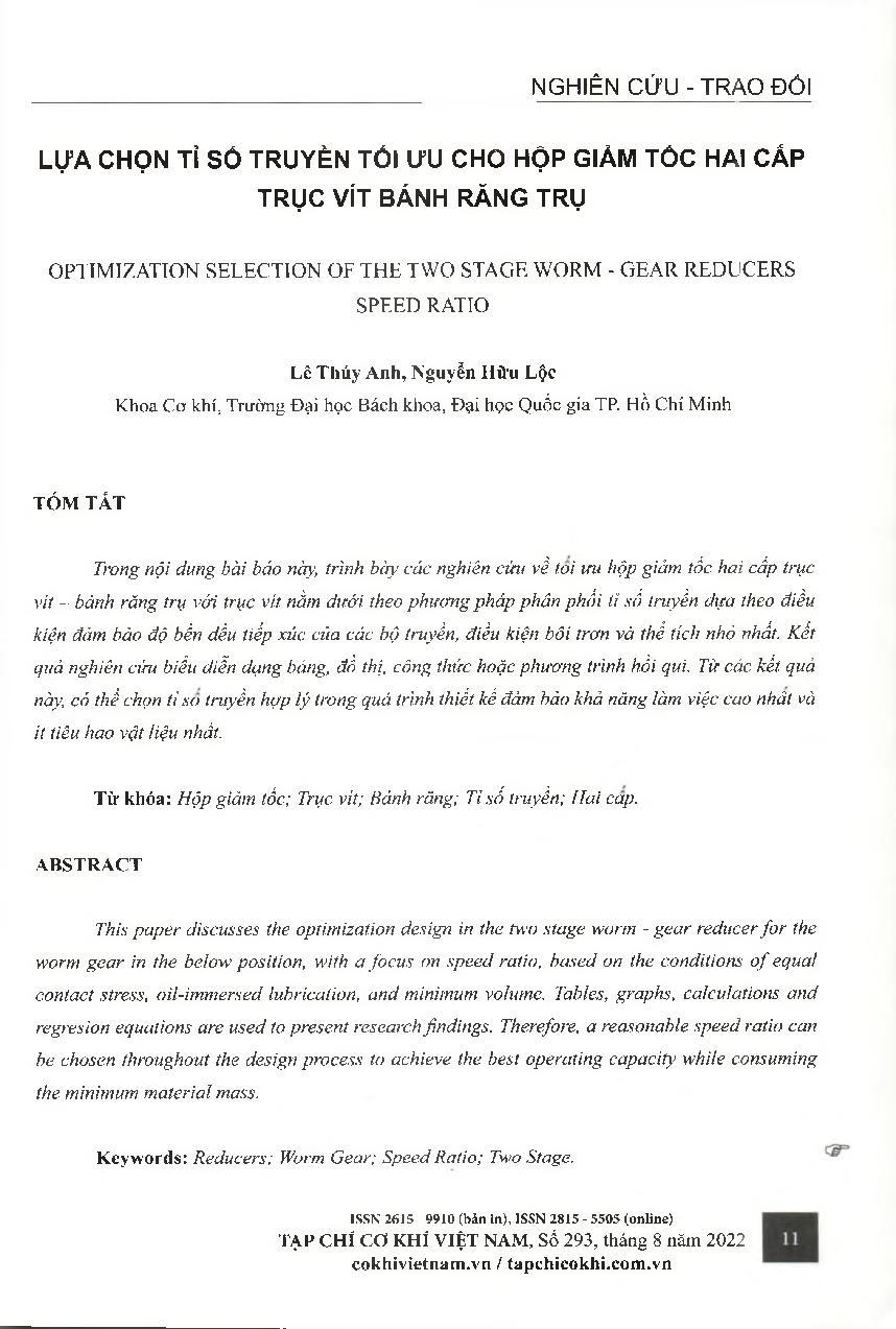 Lựa chọn tỉ số truyền tối ưu cho hộp giảm tốc hai cấp trục vít bánh ràng trụ = Optimization selection of the two stage worm - gear reducers speed ratio