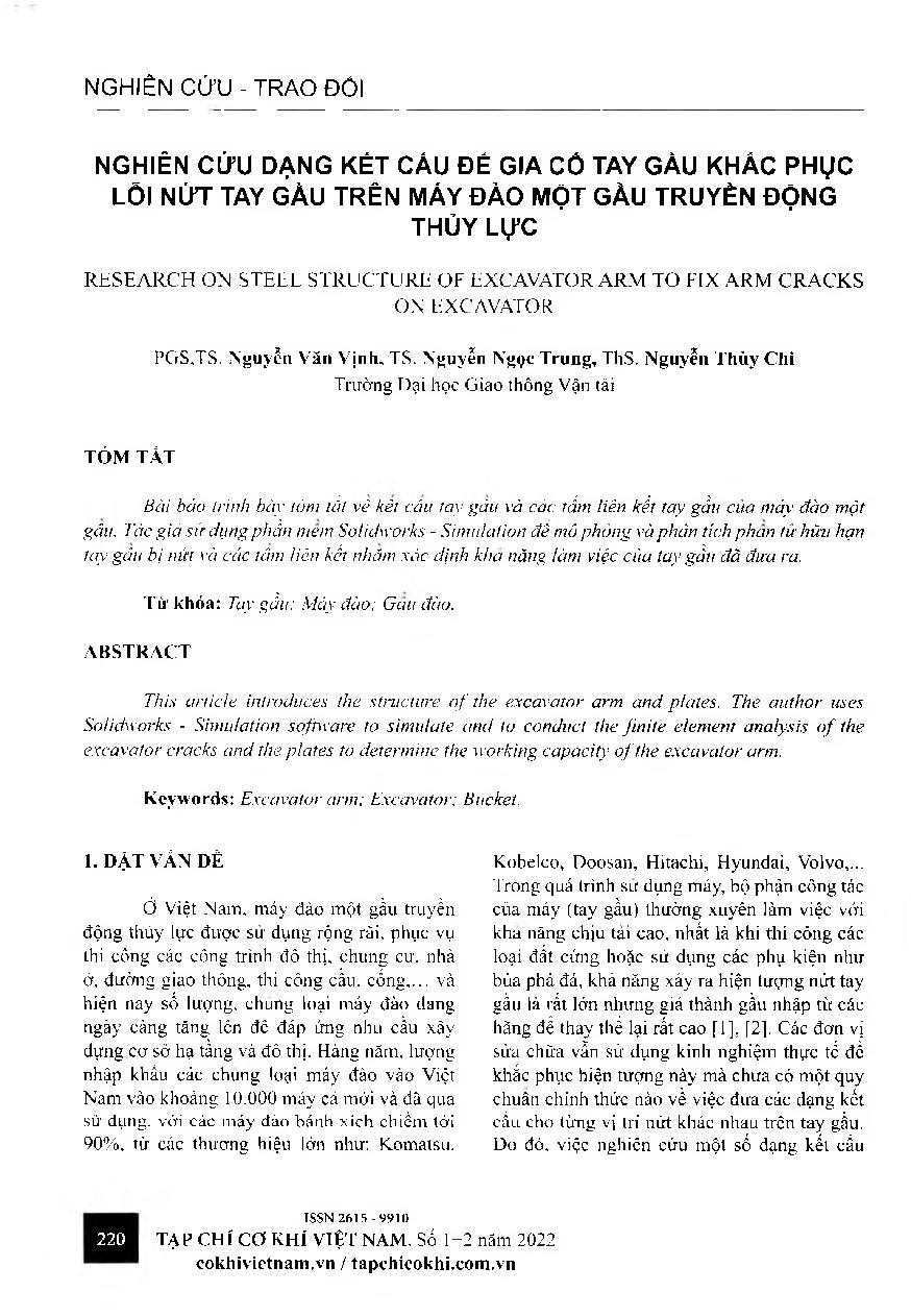 Nghiên cứu dạng kết cấu để gia cố tay gầu khắc phục lồi nứt tay gầu trên máy đào một gầu truyền động thủy lực = Research on steel structure of excavator arm to fix arm cracks on excavator