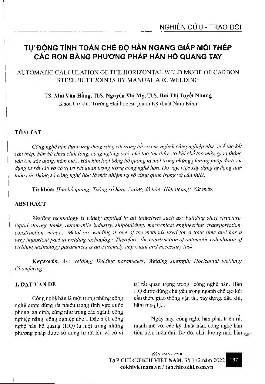Tự động tính toán chế độ hàn ngang giáp mối thép các bon bàng phương pháp hàn hồ quang tay = Automatic calculation of the horizontal weld mode of carbon steel butt joints by manual arc welding