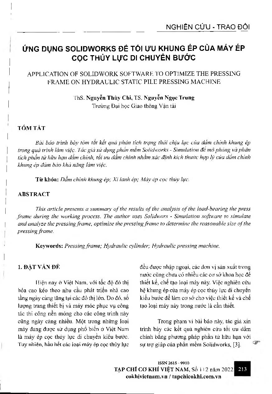 Ứng dụng Solidworks để tối ưu khung ép của máy ép cọc thủy lực di chuyền bước = Application of solidwork software to optimize the pressing frame on hydraulic static pile pressing machine