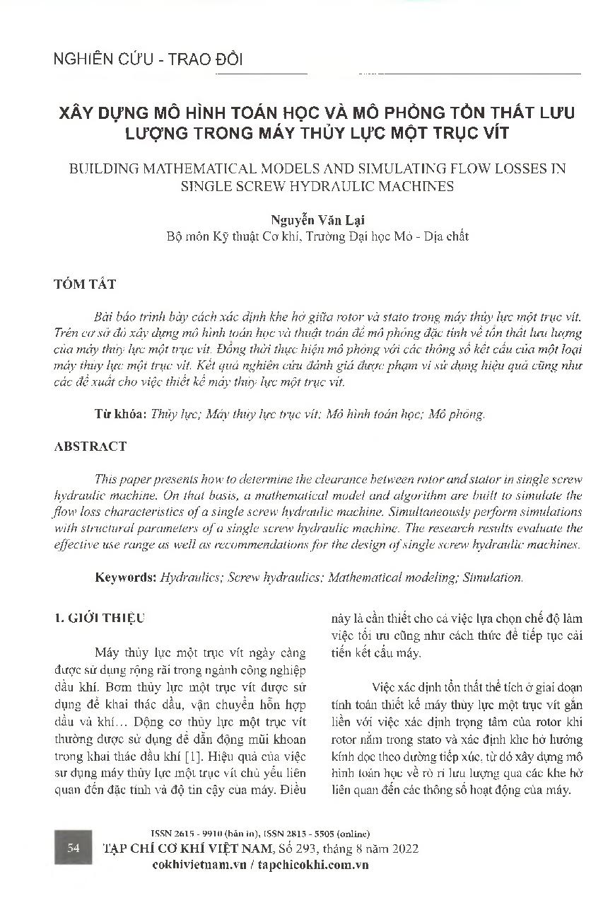 Xây dựng mô hình toán học và mô phỏng tốn thất lưu lượng trong máy thủy lực một trục vít = Building mathematical models and simulating flow losses in single screw hydraulic machines