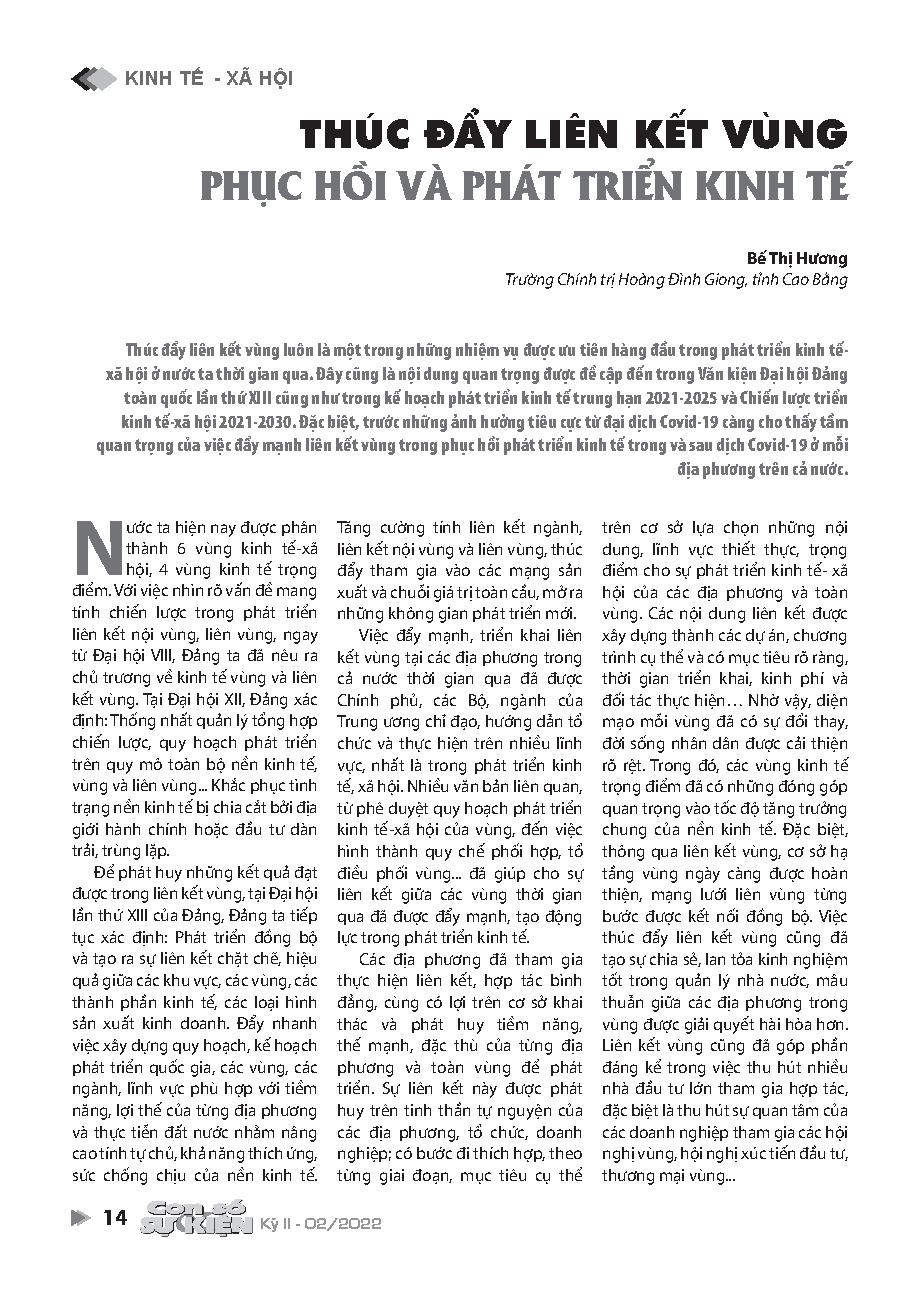 Thúc đẩy liên kết vùng phục hồi và phát triển kinh tế