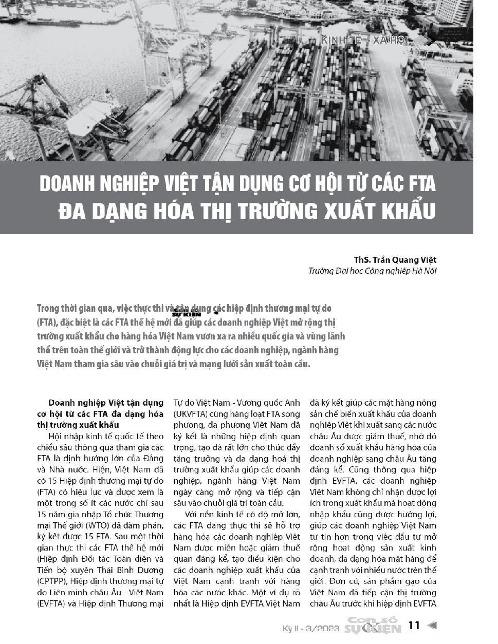 Doanh nghiệp Việt tận dụng cơ hội từ các FTA đa dạng hóa thị trường xuất khẩu = Vietnamese enterprises take advantage of opportunities from FTAs to diversify export markets