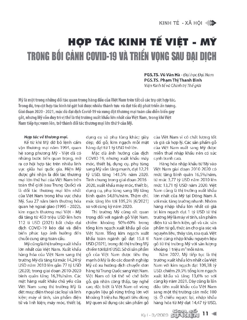 Hợp tác kinh tế Việt - Mỹ trong bối cảnh Covid-19 và triển vọng sau đại dịch = Vietnam - US economic cooperation in the context of Covid-19 and post-pandemic prospects