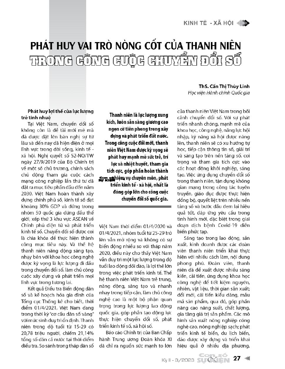 Phát huy vai trò nòng cốt của thanh niên trong công cuộc chuyển đổi số = Promoting the core role of youth in digital transformation