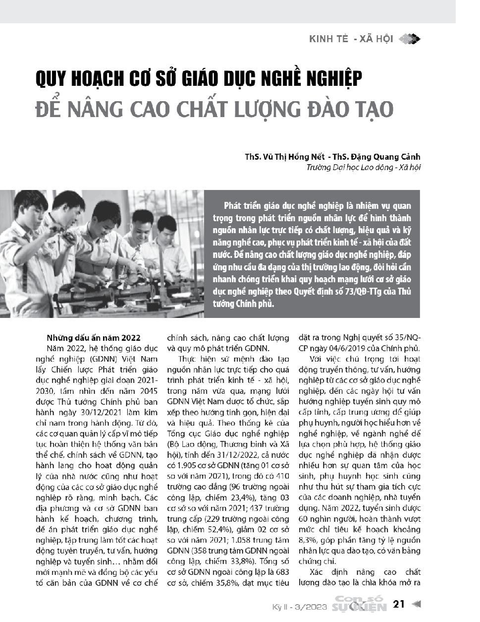 Quy hoạch cơ sở giáo dục nghề nghiệp để nâng cao chất lượng đào tạo = Planning vocational education institutions to improve training quality