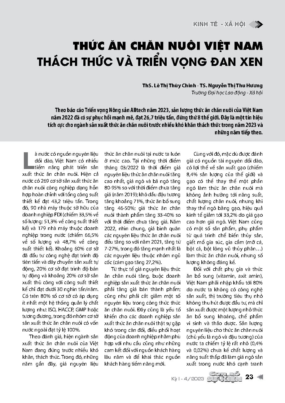 Thức ăn chăn nuôi Việt Nam - Thách thức và triển vọng đan xen = Vietnamese animal feed - Challenges and prospects are intertwined