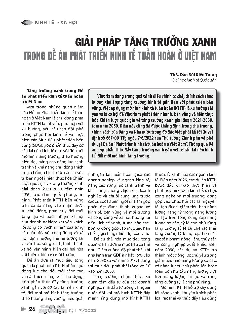 Giải pháp tăng trưởng xanh trong Đề án Phát triển kinh tế tuần hoàn ở Việt Nam = Green growth solutions in the circular economy development project in Vietnam