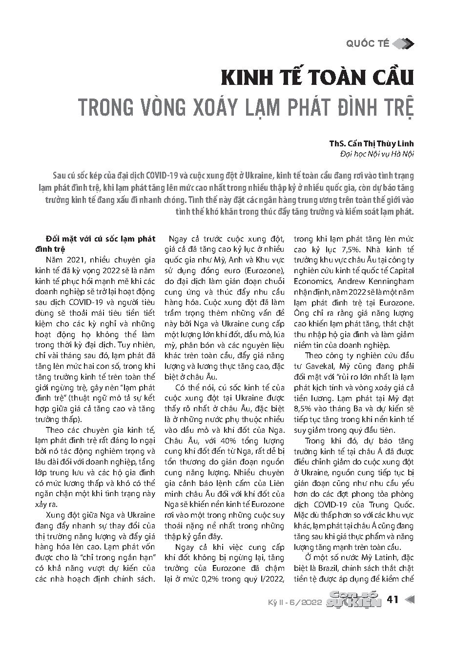 Kinh tế toàn cầu trong vòng xoáy lạm phát đình trệ = The global economy is in a spiral of stagnant inflation