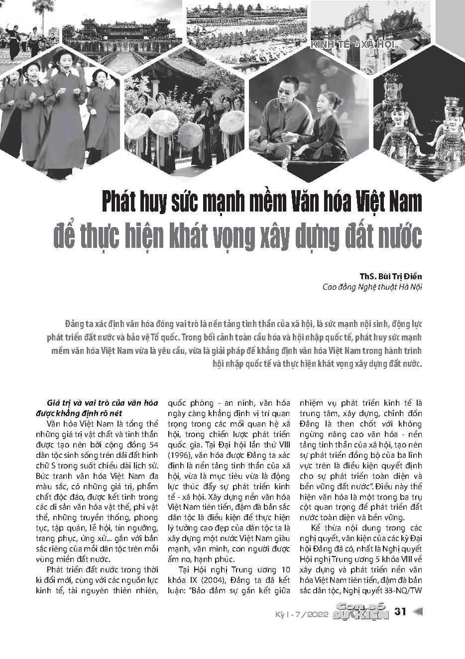 Phát huy sức mạnh mềm Văn hóa Việt Nam để thực hiện khát vọng xây dựng đất nước = Bringing into play the soft power of Vietnamese culture to fulfill the aspiration to build the country