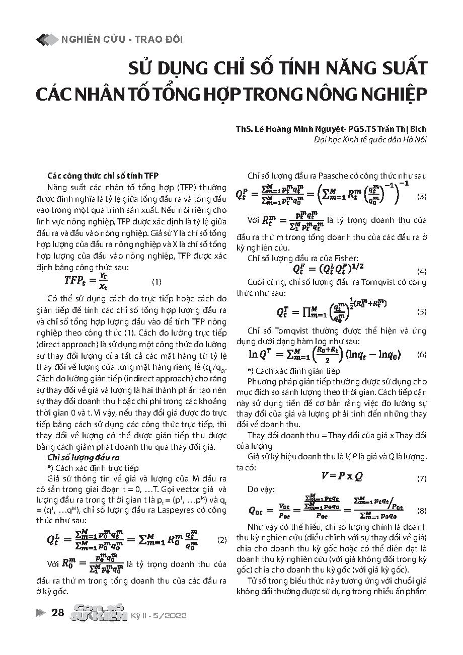 Sử dụng chỉ số tính năng suất các nhân tố tổng hợp trong nông nghiệp = Using the composite factor productivity index in agriculture