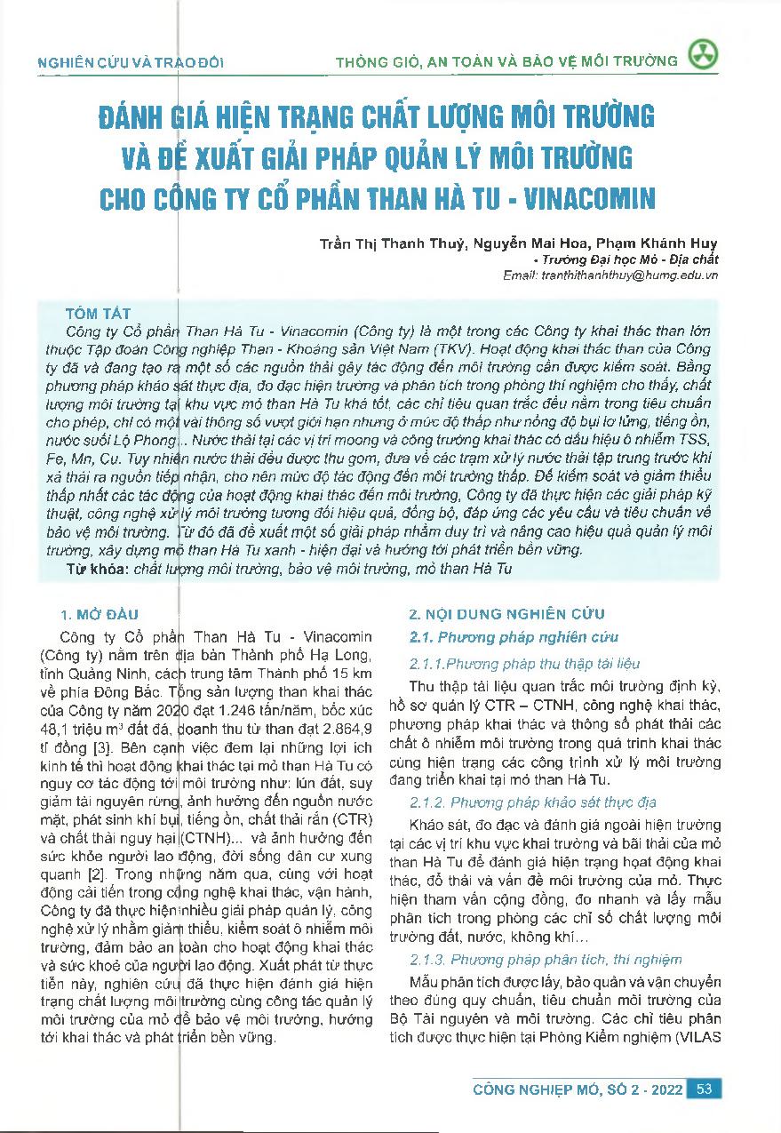Đánh giá hiện trạng chất lượng môi trường và đề xuất giải pháp quản lý môi trường cho Công ty cổ phần Than Hà Tu- Vinacomin = Assessment the current status of environmental quality and propouse the environmental management solutions for Vinacomin- Ha Tu C
