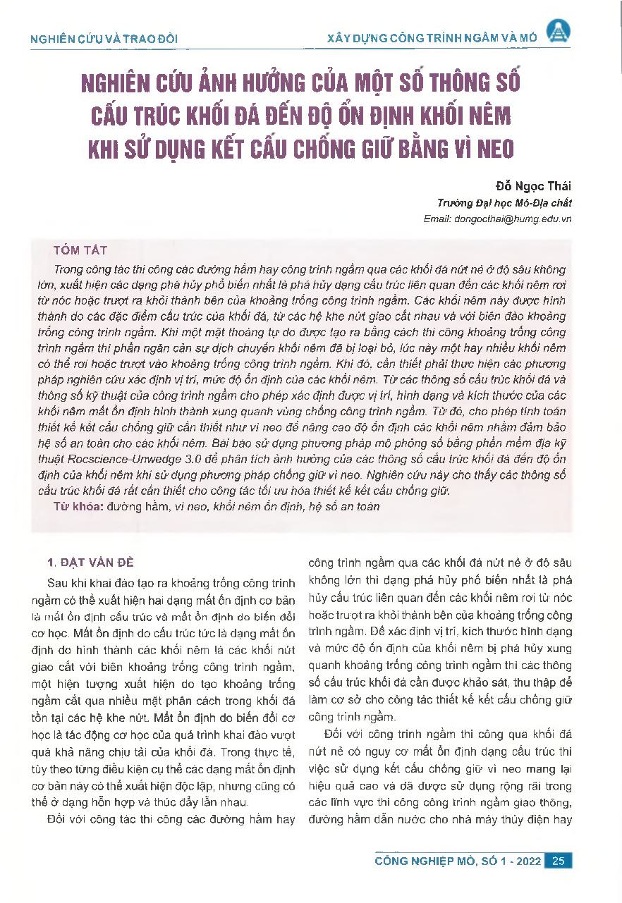 Nghiên cứu ảnh hưởng của một sô thông số cấu trúc khối đá đến độ ổn dịnh khối nêm khi sử dụng kết câu chông giữ bằng vì neo