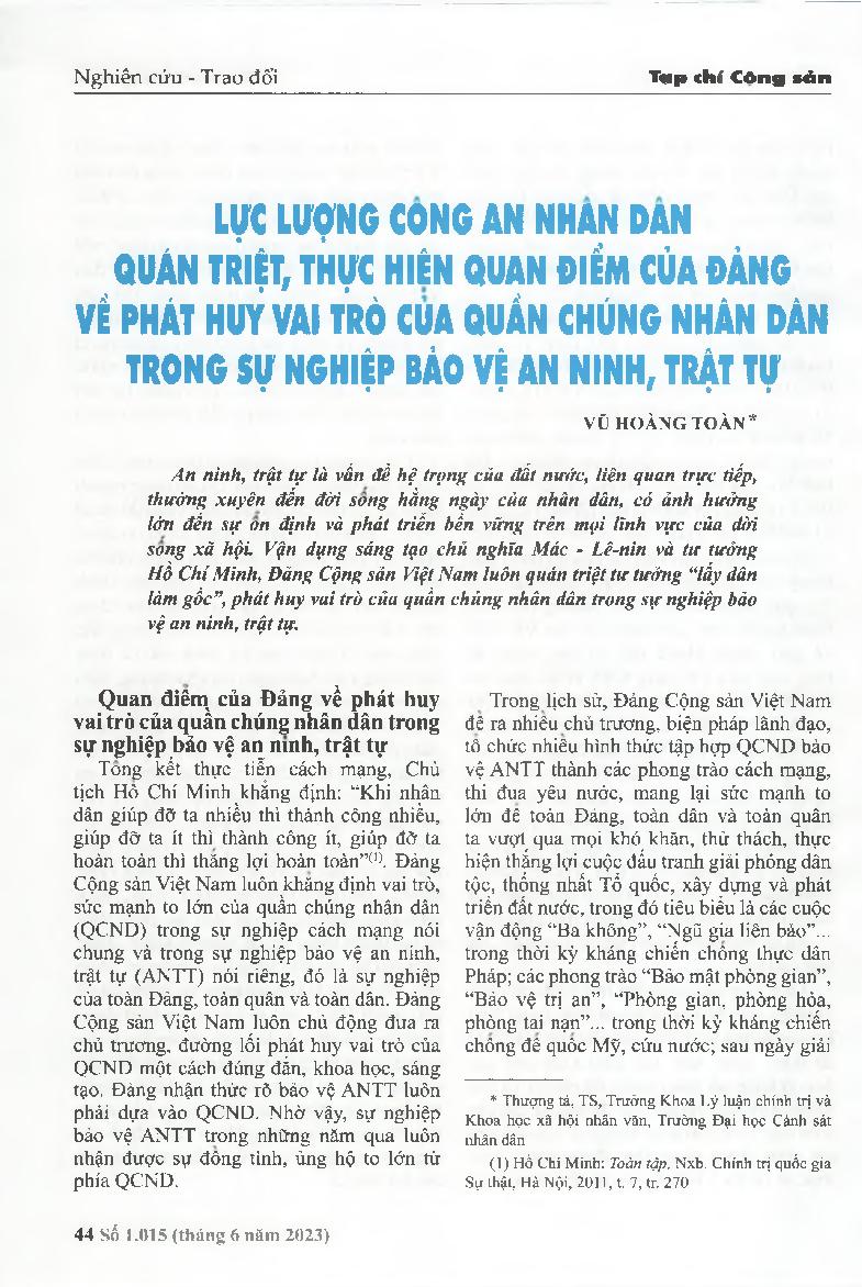 Lực lượng Công an nhân dân quán triệt, thực hiện quan điểm của Đảng về phát huy vai trò của quần chúng nhân dân trong sự nghiệp bảo vệ an ninh, trật tự